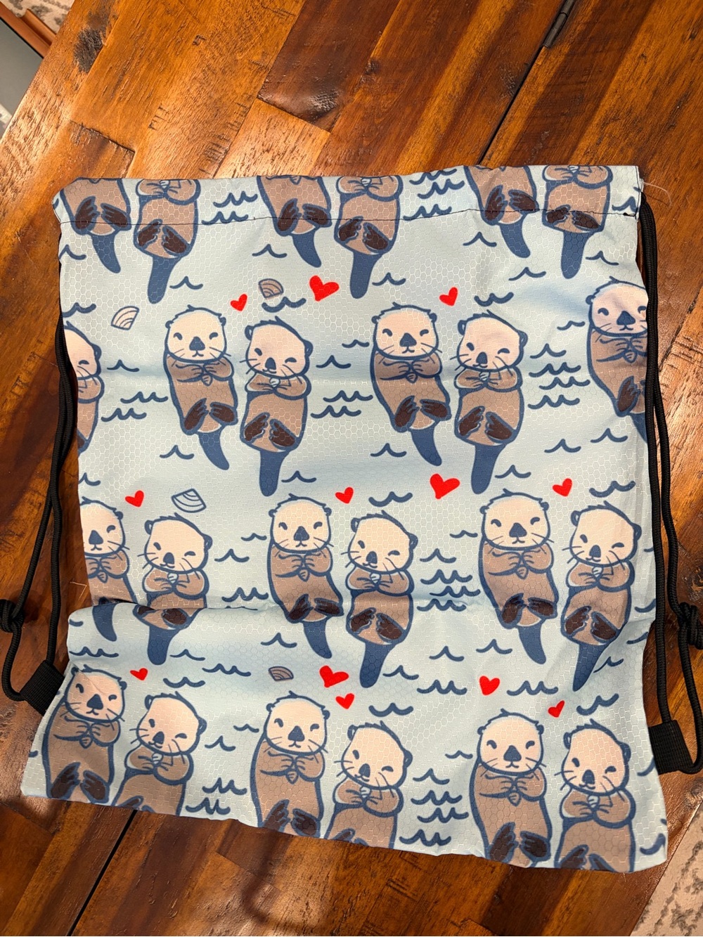 Kids Light Blue Drawstring Bag with Otter and Heart Print